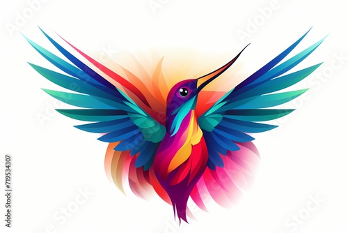 A vibrant, stylized hummingbird face emblem with minimalist shapes and an eye-catching color palette. Isolated on white background