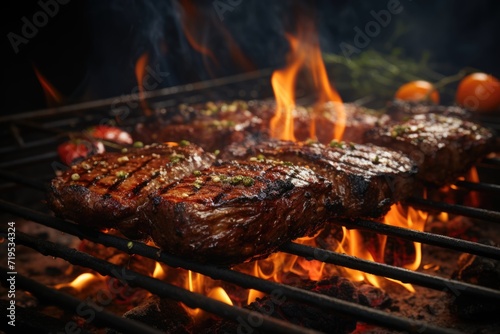 Succulent grilled steak cooking on the fire created with Generative Ai technology, generative IA