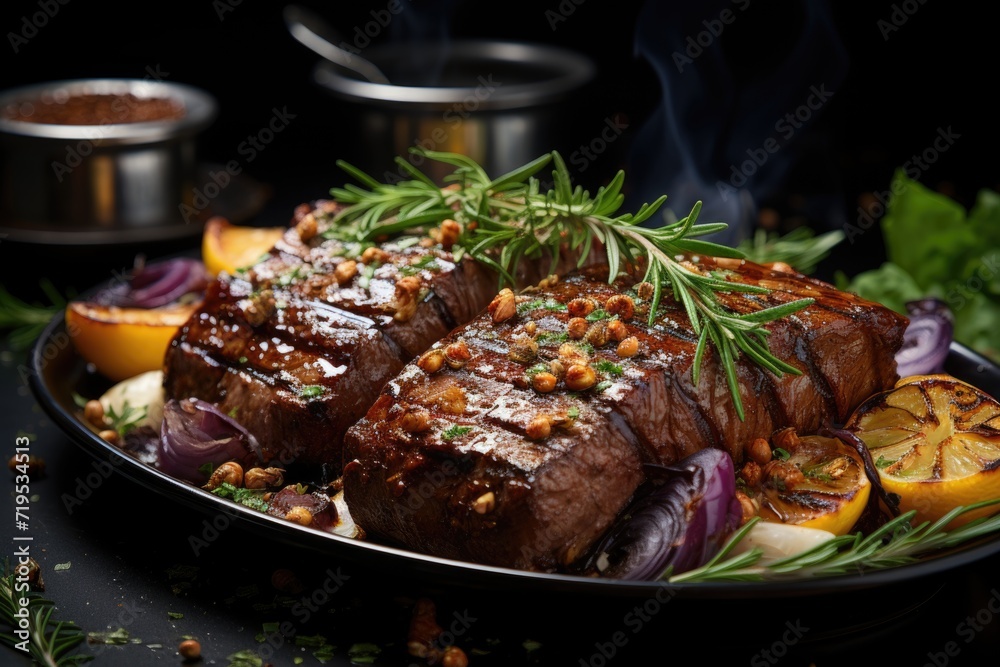 Grilled steaks with spices and herbs in black slate and black background ai generative, generative IA