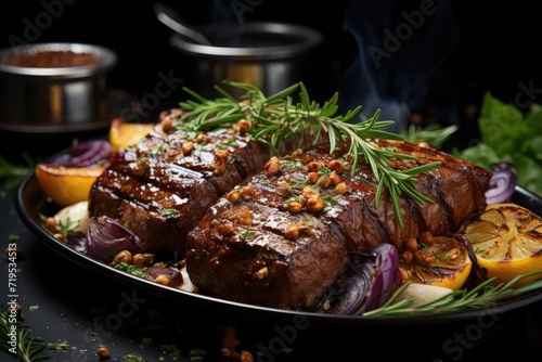 Grilled steaks with spices and herbs in black slate and black background ai generative, generative IA