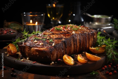 Grilled steaks with spices and herbs on the board and black background ai generative, generative IA