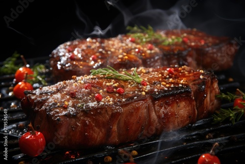 Pork or beef grilled steaks with pepper and salt are falling on the black background barbecue ..., generative IA