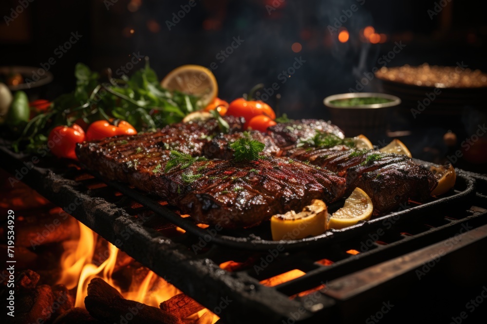 Flame grilled meat in a general coal grill AI, generative IA
