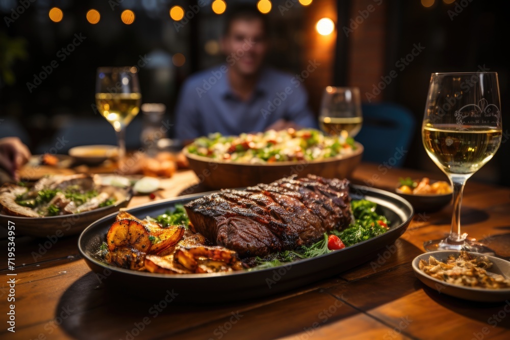 Argentine traditional grilled meat and salad with people drinking beer in the background, generative IA