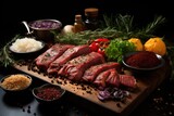 Raw meats with spices and utensils in a rustic board and dark wood with space for copy there generative, generative IA