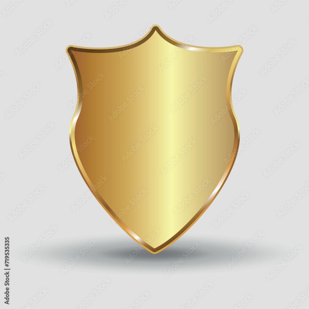 Golden 3D shield. Icon. Vector on a grey background Golden 3D shield. Icon. Vector on a grey background