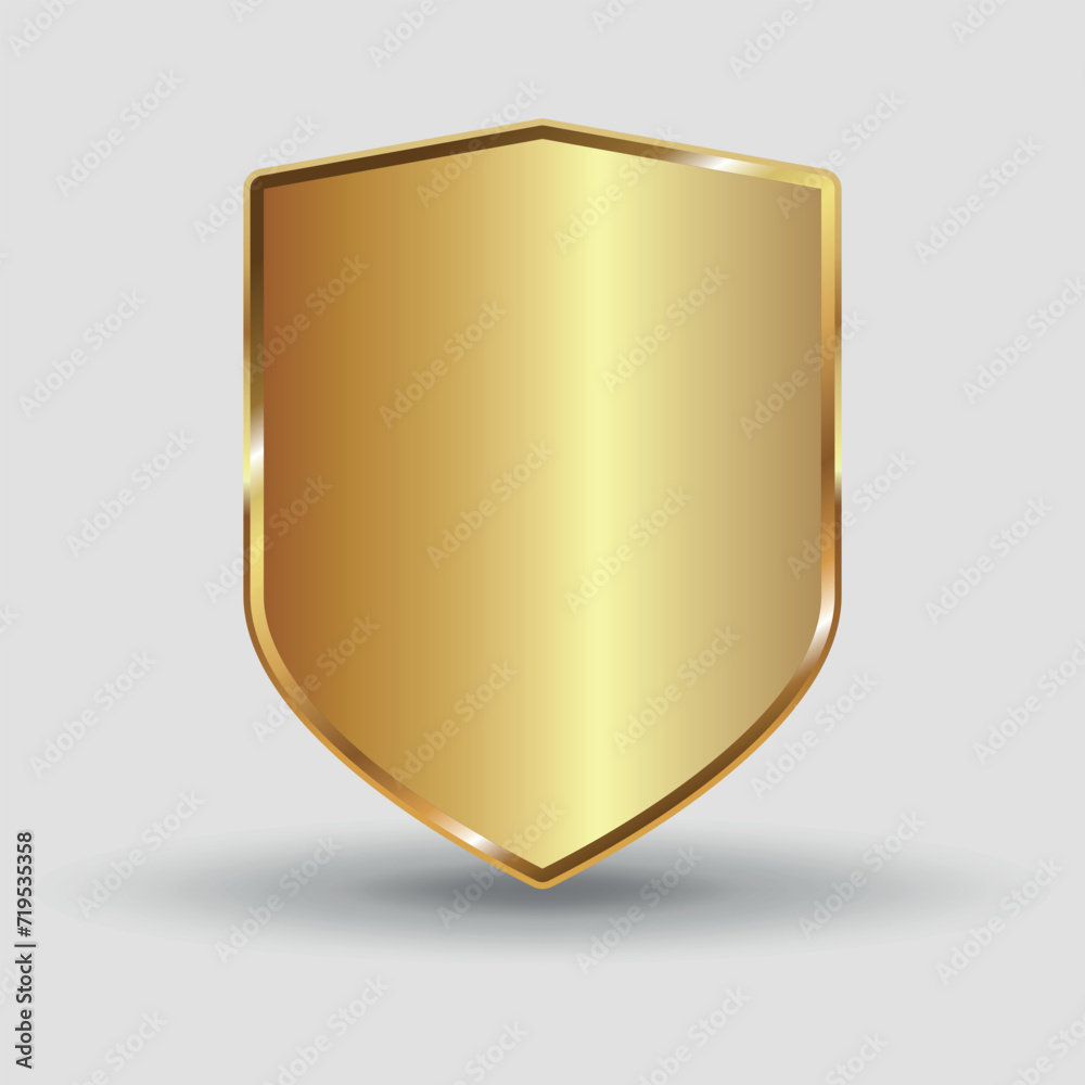 Golden 3D shield. Icon. Vector on a grey background Golden 3D shield. Icon. Vector on a grey background