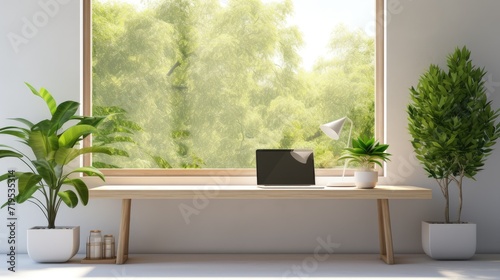 ample free space  featuring a vibrant green plant positioned against a backdrop of a spring window  a refreshing and tranquil workspace  emphasizing the harmonious blend of nature and technology.