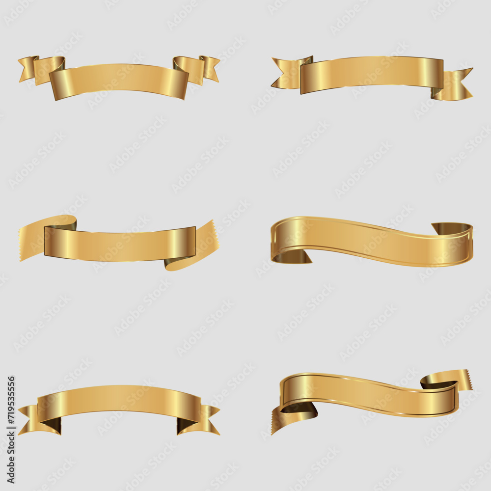 A set of golden ribbons. 8 pieces. Vector on gray background