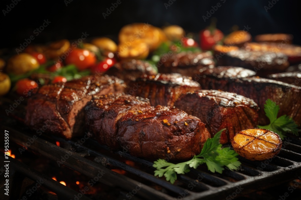 Brazilian picanha barbecue roasted on the grill and served in slices, generative IA