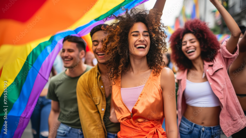 group of joyful young people are celebrating at a pride parade