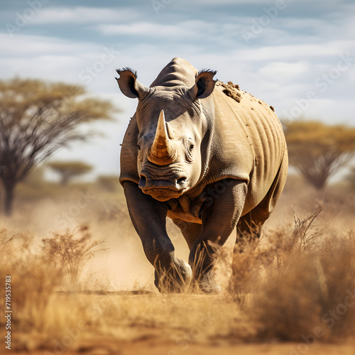 White rhinoceros grazing in uncultivated African wilderness a powerful mammal 