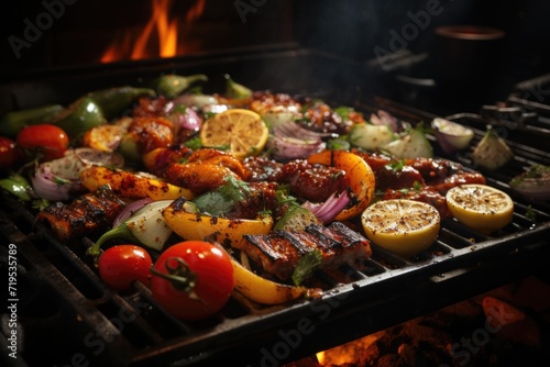 Barbecue skewed flesh with vegetables on flaming grill ai generative, generative IA photo