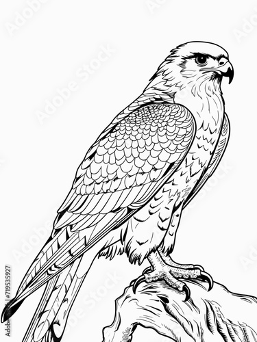 Children coloring book, wild bird peregrine falcon on a branch. natural habitat of birds.