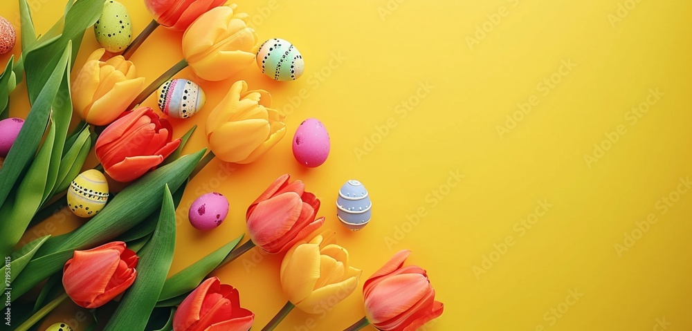Marigold tulips and cheerful Easter eggs on bright yellow.