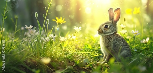 Easter bunny exploring a sunlit meadow.