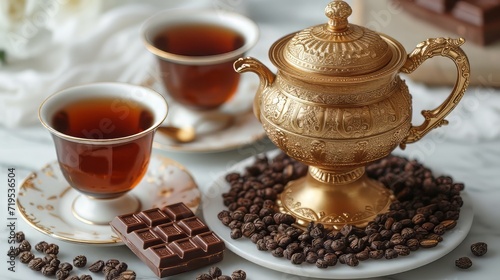 advertisment of russian samovar tea  white background  gold samovar and cup of tea  chocolate  hooney  chocopie