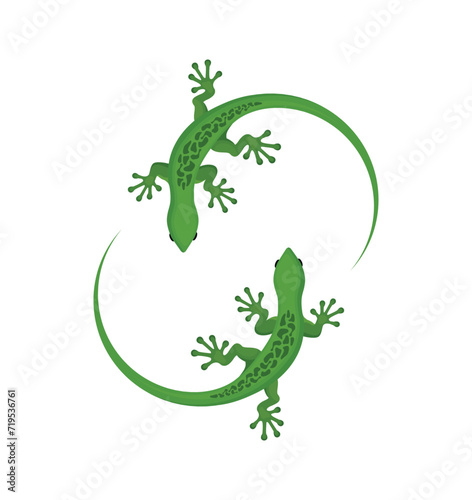 Two green gecko lizards with patterns on their backs