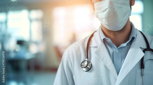 Physician at a healthcare facility, with an unfocused backdrop of a medical center. Wearing a protective mask on the face photo