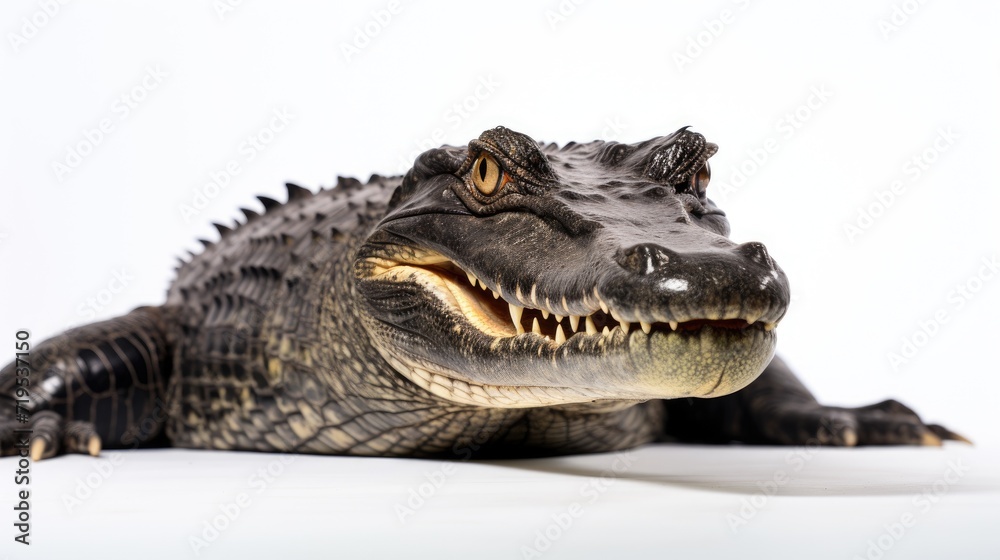 Obraz premium portrait of a menacing alligator on a clean white background, capturing the powerful and fearsome beauty of this reptilian predator