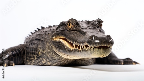 portrait of a menacing alligator on a clean white background  capturing the powerful and fearsome beauty of this reptilian predator
