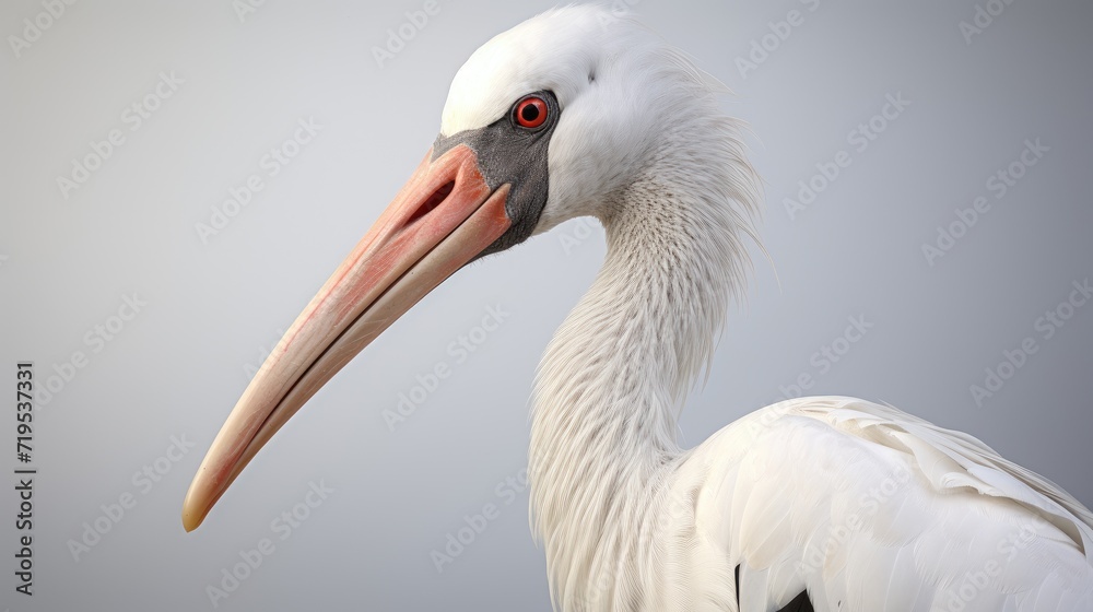 portrait of an elegant stork on a clean white background, capturing the graceful and majestic beauty of this long-legged bird