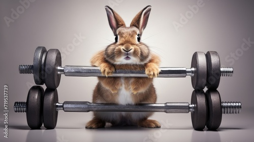 Bunny with dumbbells isolated on a white background, showcasing the adorable and fitness-oriented nature of this furry workout buddy © pvl0707