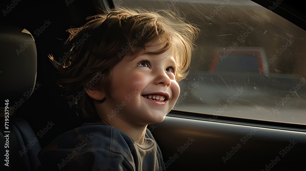a happy boy looking out through the window of a car, the child's joy and wonder as he takes in the sights outside, emphasizing the sense of freedom and adventure associated with travel.