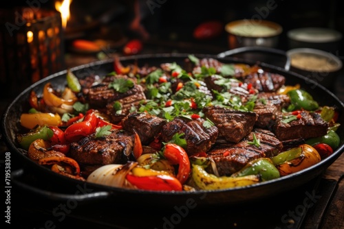 Closeup of cooked meat with spices and fried green and red peppers with a blurred background, generative IA