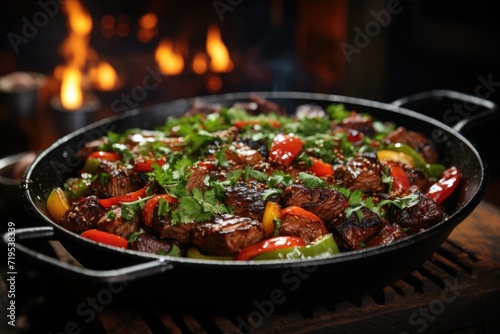 Closeup of cooked meat with spices and fried green and red peppers with a blurred background, generative IA
