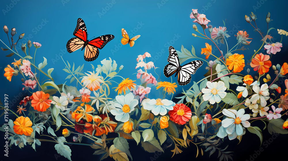 A painting of flowers and butterflies on a blue background