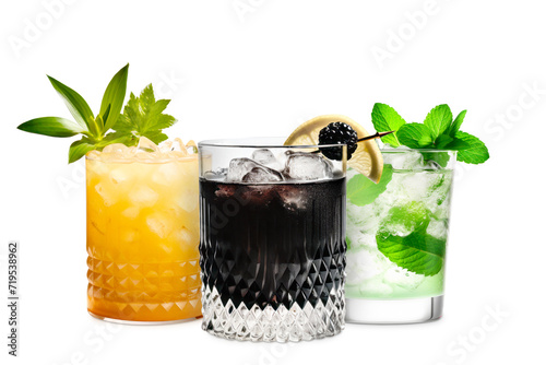 Set and collection of classic alcohol cocktails or mocktail isolated on white background with fresh summer fruits