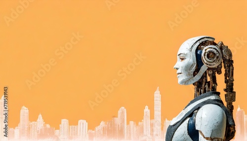 Android woman, city skyscrapper ilustration and empty space to text photo