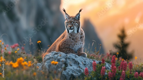 A beautiful Eurasian lynx standing on a rock in a field covered in flowers. Iberian lynx illuminated by sunset light in mountainous regions. Tuft-eared lynx. photo