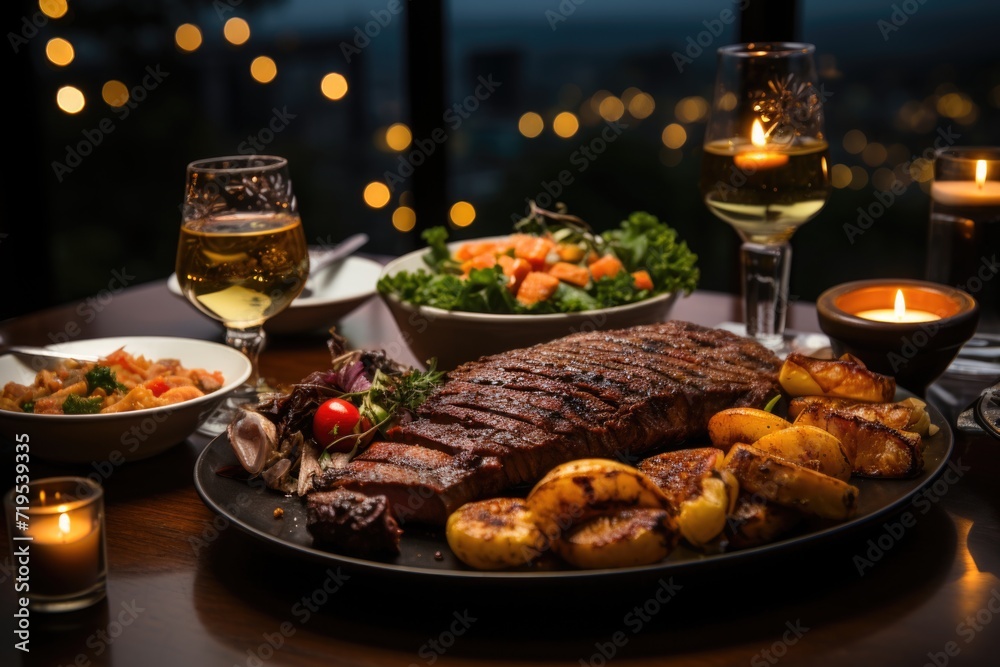 Delicious grilled picanha, in a restaurant by the lake with floating candle decoration and soft music under moonlight and sparkling stars., generative