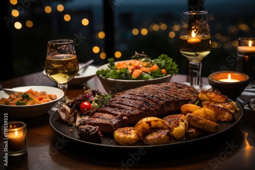 Delicious grilled picanha  in a restaurant by the lake with floating candle decoration and soft music under moonlight and sparkling stars.  generative