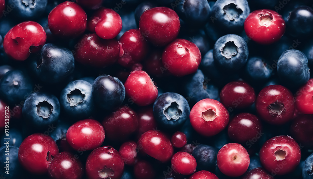 Blueberries background. Blueberries are scattered on the table. Berry texture close up. Lots of berries. Selective focus. AI generated