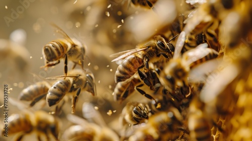 Bees working together within the hive on comb, symbolizing community and collaboration, close up.