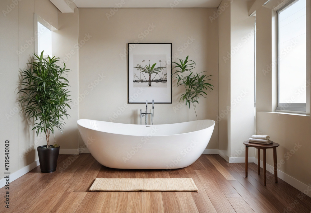 A decorative picture frame on a beautiful wall above the bathtub in a bathroom with a plant, furnished with comfortable furniture on a wooden floor. A decorative picture frame on a beautiful wall above the bathtub in a bathroom with a plant, furnished with comfortable furniture on a wooden floor.