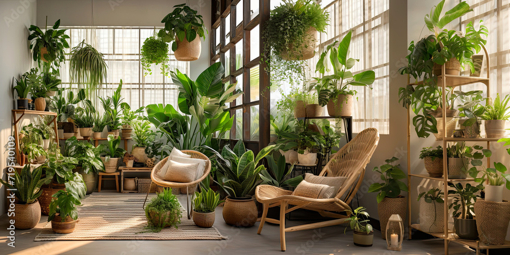 Interior of the living room of a green house, a winter garden, a glazed veranda in eco-style made of natural materials and many homemade potted plants in wicker flowerpot.