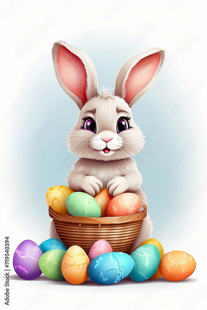Fototapeta premium A cute Easter bunny with a basket of eggs and spring flowers is an illustration of a children character on a white background, a traditional holiday card. 