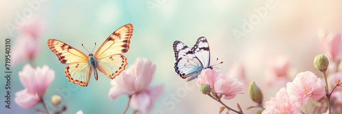 Pastel color butterflies on delicate spring flowers in a field with a space for text. Spring time.  © Ольга Симонова