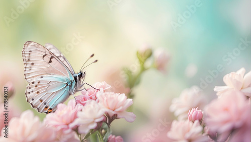 Pastel color butterflies on delicate spring flowers in a field with a space for text. Spring time.  © Ольга Симонова