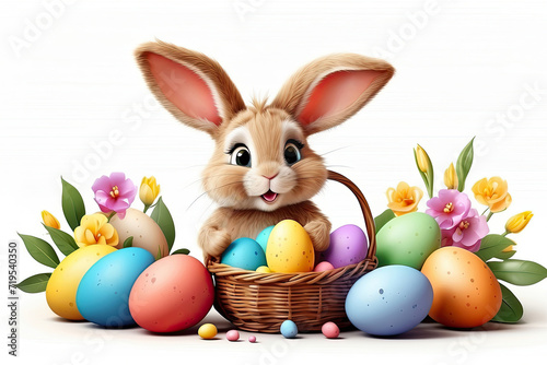 A cute Easter bunny with a basket of eggs and spring flowers is an illustration of a children character on a white background, a traditional holiday card.  photo