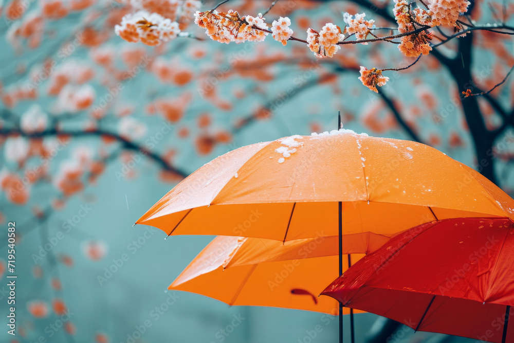Wintery Spring Contrast with a Snow-Capped Orange Umbrella Amidst Blossoms