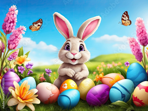 A cute Easter bunny with a basket of eggs and spring flowers is an illustration of a children character, a traditional holiday card. 