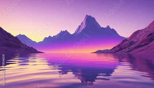 Surreal geometric landscape with hills and mirror-like water surface