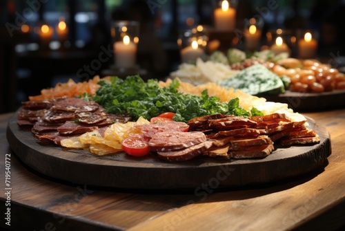 Successful slices, arranged on a rustic wood plate, in a restaurant with a welcoming atmosphere., generative IA