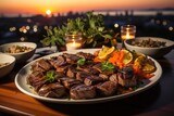 Succulent picanha slices, arranged on a silver plate, in a seaside restaurant overlooking the sunset and outdoor tables under the moonlight and a soft