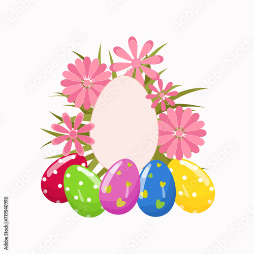 Easter eggs design with flowers. Easter holiday egg hunt card in colorful flat style. Stock vector illustration clipart isolated on white background